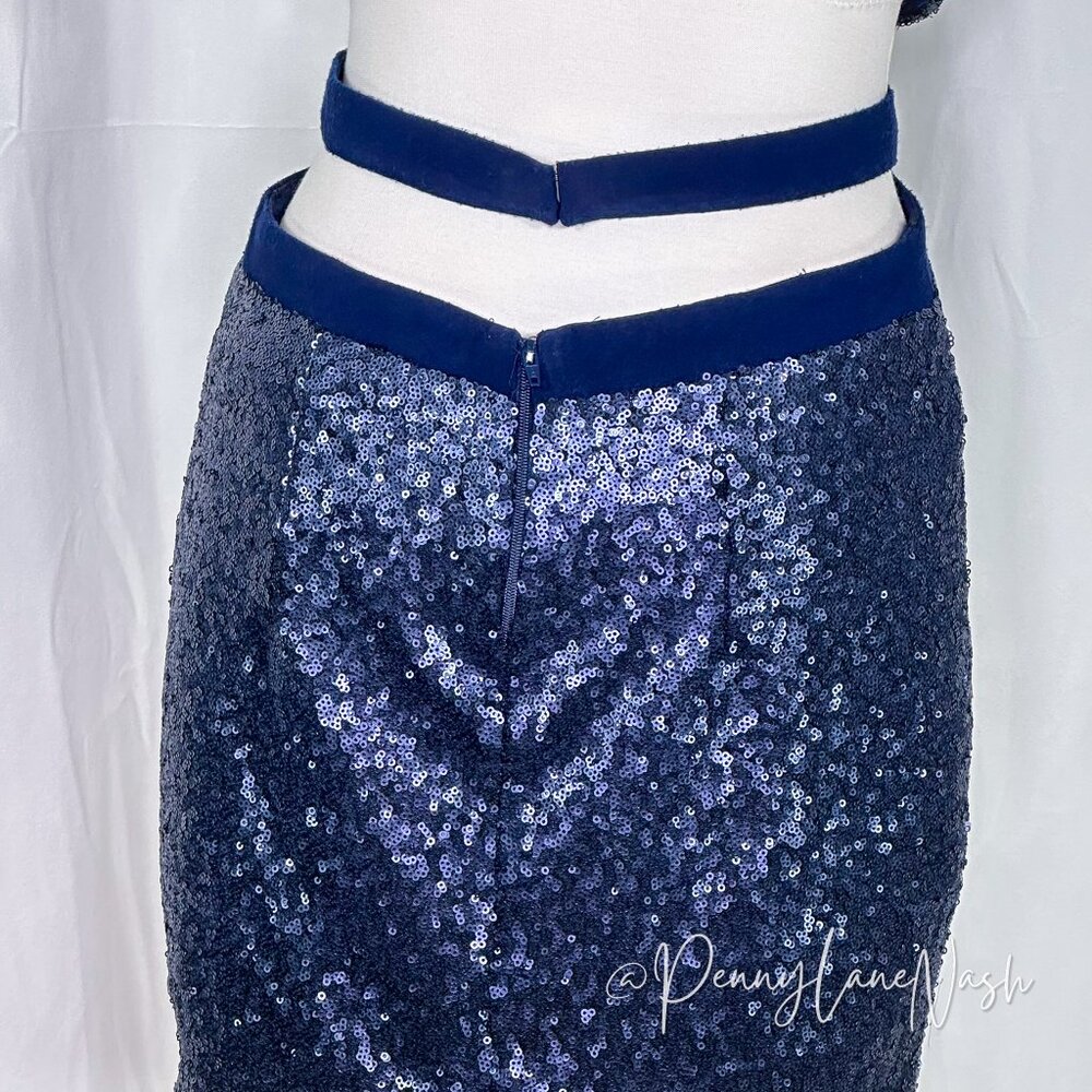 Alyce Paris Sequin Halter V Neck Cutout Fitted Cocktail Dress Navy - Picture 13 of 13